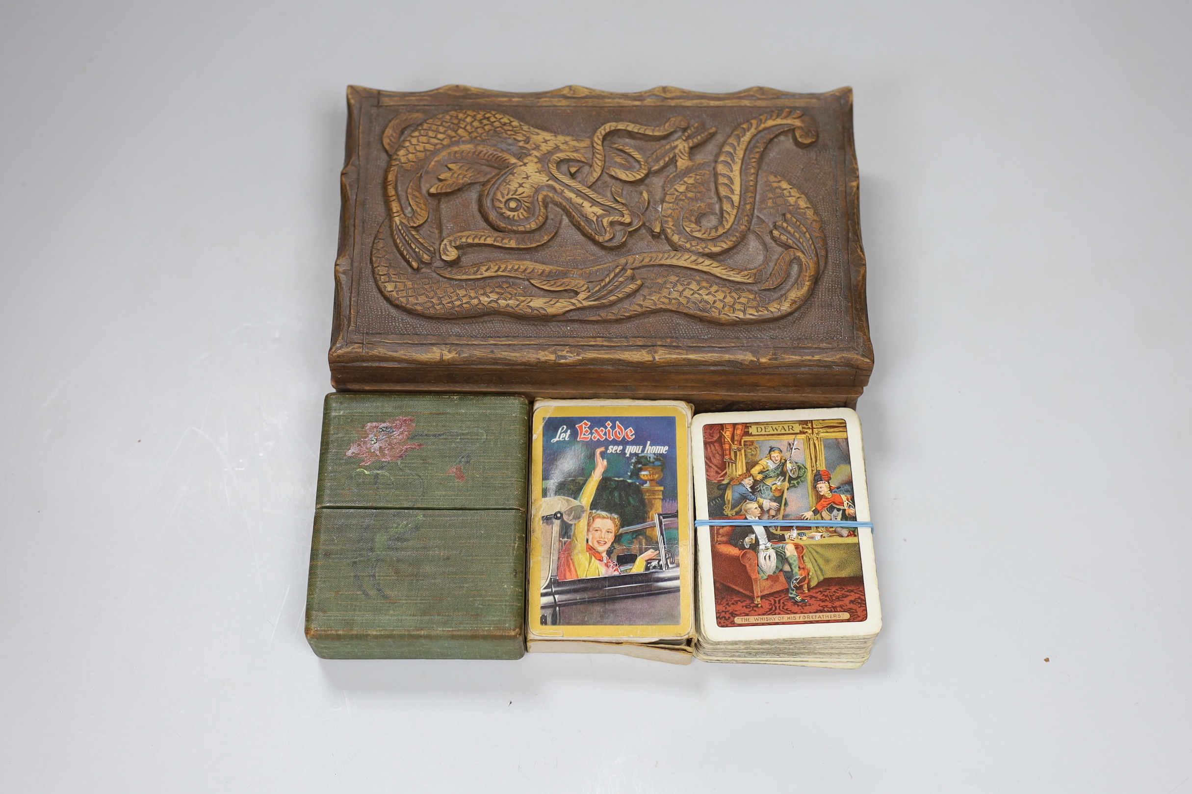 A bone domino and chess set in a Burmese box, three sets of playing cards for the Royal Flying Corps, Dewar whisky and Exide and Drydex batteries for car and radio